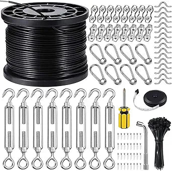 BLIKA String Light Hanging Kits, 400FT Coated Stainless Steel 304 Wire Rope, Outdoor Light Guide Wire, Globe String Light Suspension Kit Included Turnbuckles, Enough Accessories, Use Manual