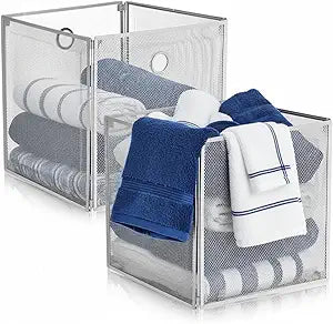 2 Pcs Foldable Metal Cube Storage Baskets 13x13 Inch Wire Bins with Handles for Graduation Gift, College Dorm Moving, First Apartment Organization, Bathroom Pantry Closet (Grey)