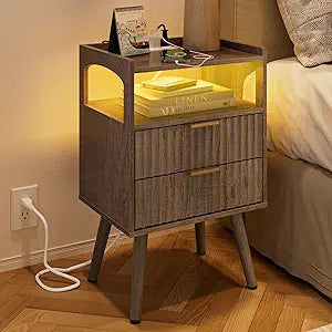 Nightstand with Charging Station,Small Bedside Table with Gold Frame,Morden Night Stand,End Table,Bedside Furniture,Side Table with Drawer and Shelf for Bedroom,Living Room (Grey)