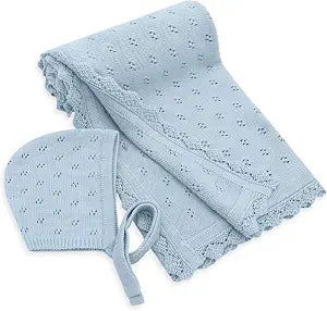 LifeTree Knit Baby Blanket & Hat, 100% Cotton Soft Swaddle & Receiving Blanket for Toddler, Lightweight & Breathable Newborn Blanket Unisex for Crib, Stroller, 31X40 Inches, Shower Registry Gift, Blue