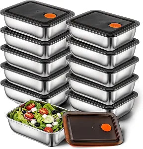 10 Set Stainless Steel Food Containers with Lids, Metal Leak-Proof