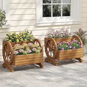 Wooden Wagon Planter Box, Standing Garden Planter, Decorative Outdoor Container,Coffee