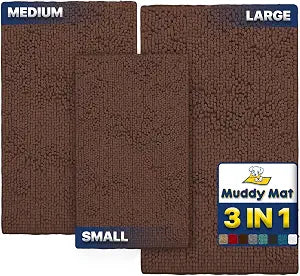 Muddy Mat Pack of 3 Highly Absorbent Microfiber Dog Door Mat and Pet Rug, Non Slip Thick Washable Area Mat Soft Chenille for Kitchen Bathroom Bedroom and Outdoor - Brown Small, Medium & Large