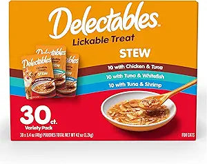 Delectables Lickable Treat Stew Wet Cat Treat Variety Pack, Food Topper, Hydrating, Grain-Free, No Fillers, No By-Products, No Added Preservatives, 1.4oz Pouch, 30ct