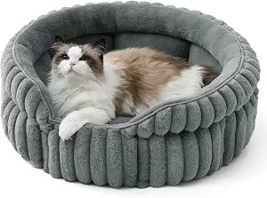 Bedsure ComfyFleece Cat Bed, Washable Round Cute Cat Beds for Indoor Cats, Super Soft Corduroy Pet Bed for Puppy and Kitten with Anti-Slip Bottom, 23''x23''x8.5'', Warm Gray