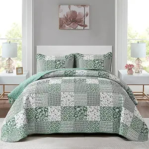 Mybedsoul Boho Quilts Queen Size, Patchwork Reversible Bedding Set, Green