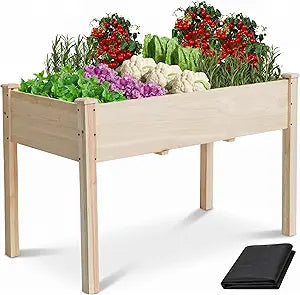 Elevated Wood Raised Garden Bed, 48 x 24 x 30in Wooden Planter Box with Legs, 210LBS Capacity, Non-Woven Liner & 6 Drainage Holes for Backyard Patio Balcony Vegetables Flowers Herbs