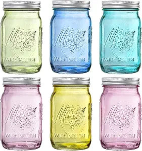 WELLIFE 6PCS 32 oz Mason Jars Wide Mouth-Vibrant Colored Glass Jars for Canning, Food Storage, Fermenting & DIY Craft. Glass Jar with Lid, Airtight & Durable