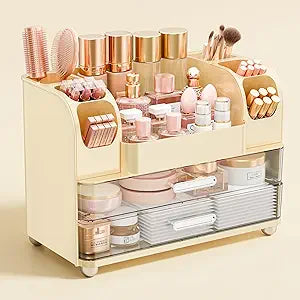 Makeup Organizer for Vanity with Brush Holder, Large Bathroom Countertop Organizer & Skincare Storage | Perfume, Cosmetics Display Case with Drawers (Cream White)
