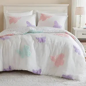 Intelligent Design Kids Rio Full/Queen Duvet Set  Girls Reversible Tufted Chenille Bedding with Pastel Purple Butterflies and Pink Dot, 3pcs