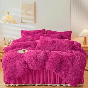 Fluffy hot Pink Comforter Cover Set Queen Fluffy Fuzzy Plush Bedding 3Pcs (1 Faux Fur Duvet Cover +2 Faux Fur Pillowcases) Fluffy Bed Set(Hot Pink, Queen)