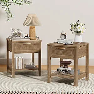 Rattan Nightstand Set of 2, Natural Style Night Stand with Drawer and Open Shelf, Perfect as a Side Table for Bedroom Small Spaces Office, Retro Brown
