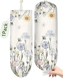Plastic Bag Holder Organizer - 1 Pack Reusable Canvas Grocery Bags Holder Hanging Wall Cute Aesthetic Shopping Bag Storage Dispenser with Drawstring Closure for Kitchen Home, Color Floral