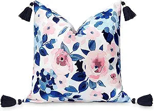 Hofdeco Premium Coastal Patio Indoor Outdoor Throw Pillow Cover Only, 18"x18" Water Repellent for Backyard, Couch, Navy Blue Blush Pink Print Watercolor Rose and Hydrangea Flower