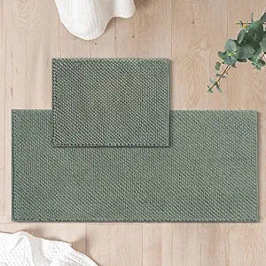 FRESHMINT Chenille Bathroom Rugs Set - 2 Piece 17"x24" + 20"x47", Non-Slip Bath Mats, Water Absorbent, Washable Shower Floor Mat, Sage Green