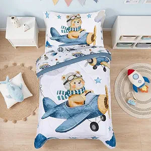 Toddler Bedding Set, Airplane Bear 4 Pieces Toddler Comforter Sets for Boys Kids, Ultra Soft Toddler Bed Sets Bed-in-a Bag, Includes Comforter, Fitted Sheet, Flat Sheet and Pillowcase, Blue