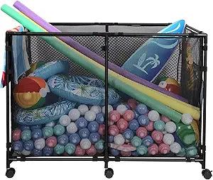 152Gal Metal Pool Toy Storage Bin, breathable mesh design with 360 swivel wheels. Ideal for poolside, courtyard and garden. Stores floats, swim rings and other pool accessories, pool float storage(M)