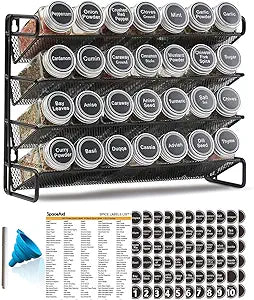 SpaceAid Spice Rack Organizer with 28 Spice Jars, 386 Spice Labels, Chalk Marker and Funnel Set for Cabinet, Countertop, Pantry, Cupboard or Door & Wall Mount - 28 Jars, 13.4" W  10.8" H, Black