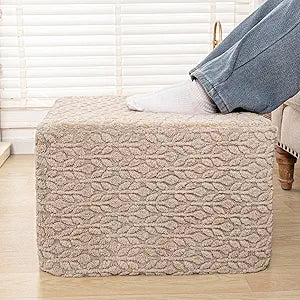 Square Stuffed Pouf Ottoman Poufs with One-Piece Seamless Foam Filling, Furry and Fluffy Pouf Foot Stool, 20 X 14 Floor Poufs Ottoman Foot Rest for Living Room (Light Coffee)