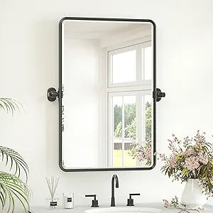 Keonjinn Black Pivot Mirror Bathroom, 20x30 in Tilt Mirror Bathroom for Over Sink, Black Rounded Corner Farmhouse Pivot Rectangle Mirrors, Metal Framed Beveled Bathroom Mirrors (Horizontal/Vertical)