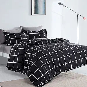 SLEEP ZONE Grid Printed Duvet Cover Queen Size with Zipper Closure & 8 Corner Ties, Soft Breathable All Seasons Comforter Cover Set 3 Pieces (Queen)