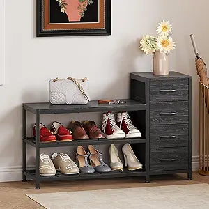 EXOTICA 3 Tier Entryway Bench Shoe Storage Bench with 4 Fabric Drawers Metal Frame and Wooden Board Shoe Rack Bench with Seat for Entryway Hallway Front Door Doorway