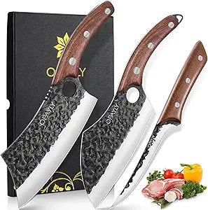 3PCS Hand Forged Butcher Knife Set Meat Cleavers, Serbian Chef Knife Viking Boning Knife High Carbon Steel Kitchen Knife for Meat Cutting, Outdoor BBQ Vegetable Camping, Gift for Men