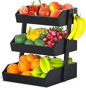 Gmtsl Bamboo Fruit Basket for Kitchen  3 Tier Fruit Bowl For Kitchen Counter, Large Fruit Holder With 2 Banana Hangers, Idea For Fruit and Vegetable Storage, Bread Basket, Snack Organizer(BLACK)
