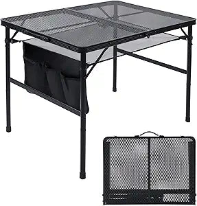 JOUYEK Folding Grill Table, 3x2 FT Portable Camping Table, Height Adjustable Metal Tables with Mesh Desktop and Mesh Bag, Outdoor Furniture for Camping, Picnic, Beach and BBQ, Black