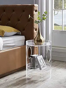 Clear Acrylic End Table,Nightstand, 2-Tier Tray, Sturdy and Easy Assembly.16.75 Lx15.75 W, 23.5 inch High