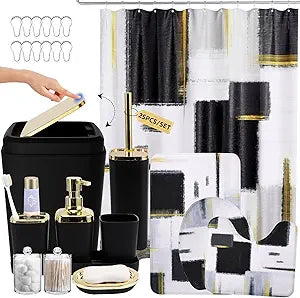 XLHOMO Bathroom Accessories Set - 25PC Bathroom Set with Shower Curtain and Rugs, Black Bathroom Set, Bathroom Accessory Set with Press-on Lid Trash Can, Soap Dispenser and Qtip Holders