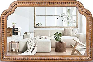 36x24 Inch Farmhouse Arch Wall Mirror, Wood Beaded Framed Decorative Mirrors for Living Room, Bedroom, Vanity, Bathroom, Entryway