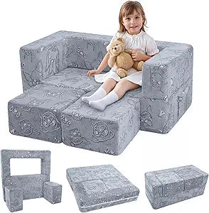 MeMoreCool Kids Sofa Couch, Glow-in-the-Dark Plush Cover, Convertible Foam Loveseat with Armrests & Pocket, Gray Dog Pattern, Playroom & Bedroom Childrens Furniture, 39" x 20" x 16"