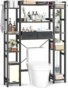 Besiost Over The Toilet Storage, 11 Tier Bathroom Organizer with Dual Side Racks and 2 Fabric Drawers, Adjustable Freestanding Rack Space Saver for Small Spaces, Grey Oak