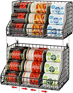 JKsmart 2 Pack Stackable Can Rack Organizer for Pantry Storage,Can Dispensers with 4 Adjustable Dividers, 2-Tier Metal Wire Basket Beverage Pop Soda Rack for Kitchen Cabinet Pantry, Black