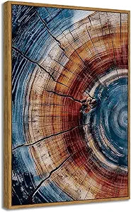 BingruiArt Large Framed Tree Ring Wall Art Blue and Red Boho Wall Decor Nature Print Wood Canvas Rustic Artwork Abstract Painting Modern Picture for Living Room Bedroom Bathroom 24"x36" Natural Framed(01)