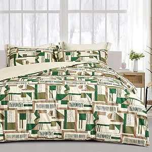 SLEEPBELLA Comforter King Size, 600 Thread Count Cotton White Printed with Green & Brown Geometric Comforter Set, Down Alternative Bedding Set 3Pcs(King, Green Geometric)