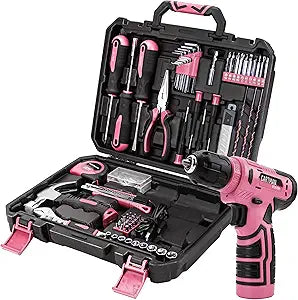 CARTMAN 150-Piece Household Tool Set, 8V Cordless Drill Driver Kit, Complete Hand Tool Kit for Home Maintenance, DIY Projects and Repairs, Pink