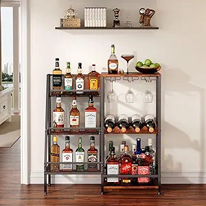 Versatile Liquor Stand for Home Bar, Wine Rack Freestanding Floor, Mini Bar Table for Liquor Whiskey Wine, 3-Tier Trapezoidal Liquor Bottle Display Shelf with Glass Holder and Fences(Patent Pending)