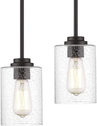 Beionxii Glass Pendant Light | Farmhouse Mini Pendant Lighting for Kitchen Island Dining Room Over The Sink, Oil Rubbed Bronze with Bubble Glass - BXD9002-1H-2P