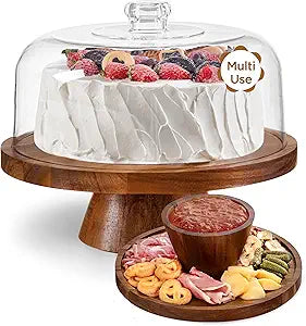 HBlife Cake Stand with Glass Lid (11.4"), Multifunctional Cake Stand with Dome, Acacia Wood 6-in-1 Cake Plate Display Stand with Cover for Baking Gifts, Birthday Kitchen Parties, Weddings