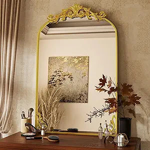 VooBang 26x38 inch Vintage Arched Bathroom Mirror - Gorgeous Wall Vanity Mirror with Beautiful Retro Top and Bottom Engraving Process Frame for Entryway Hallway Living Room, Gold