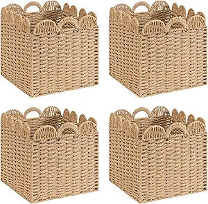 Set of 4 Scalloped Wicker Storage Cubes Basket,12"x12"x12" Heavy Duty Paper rope Baskets for Shelves,Bathroom, Bedroom, Laundry, Pantry (Khaki&12 x 12 x 12in&4-Pack)