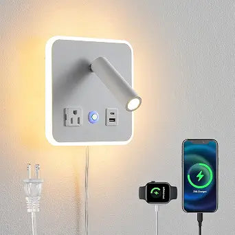 LED Headboard Reading Lamp, Dimmable Wall Sconce with USB-A/USB-C, White