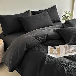 SheRest Black Textured Duvet Cover Queen Size - 3 Pieces 145GSM Heavyweight Breathable Microfiber Soft Bedding Set, 1 Duvet Cover 90x90 with Zipper Closure & 2 Pillow Shams, Comforter Not Included