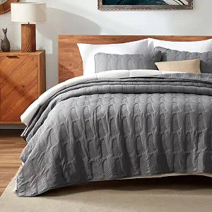 SLEEP ZONE Stripe Quilt Sets, Full/Queen Size Bedspread Bed Coverlets for All Season Lightweight Quilts with 2 Pillow Shams 90x96 inch, Gray Leaf