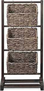 HOMESTEAD 3-Tier Wooden Shelf with Water Hyacinth Woven Baskets  Rattan Shelf Basket, Boho Room Decor, Wooden Book Shelf, Bathroom Storage Shelves, Kitchen, Laundry, Living Room (Dark Brown)