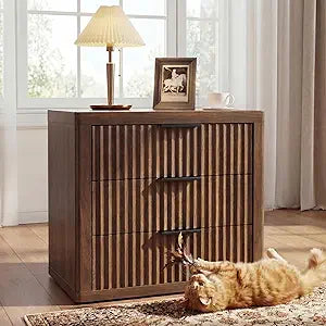Fluted Nightstand with 3 Drawers, 23" Wide Modern Night Stand, Tall Bed Side Table with Metal Handle, Large Storage End Table, Nightstand for Bedroom, Living Room, Office, Walnut