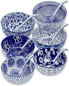 Japanese Ceramic Bowls Set of 6, 28 Oz Large Asian Porcelain Ramen Soup Salad Cereal Noodle Bowl with 6 Spoons, Deep Bowl for Kitchen Decor and Housewarming Gift, Dishwasher & Microwave Safe