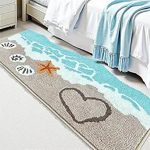 Beach Bathroom Rugs Soft Absorbent Ocean Wave Bath Mat with Non-Slip Backing Coastal Decor for Bathroom Kitchen Entryway, Blue Sea Design with Starfish Shells Pattern Bath Decor (C, 24"x47")